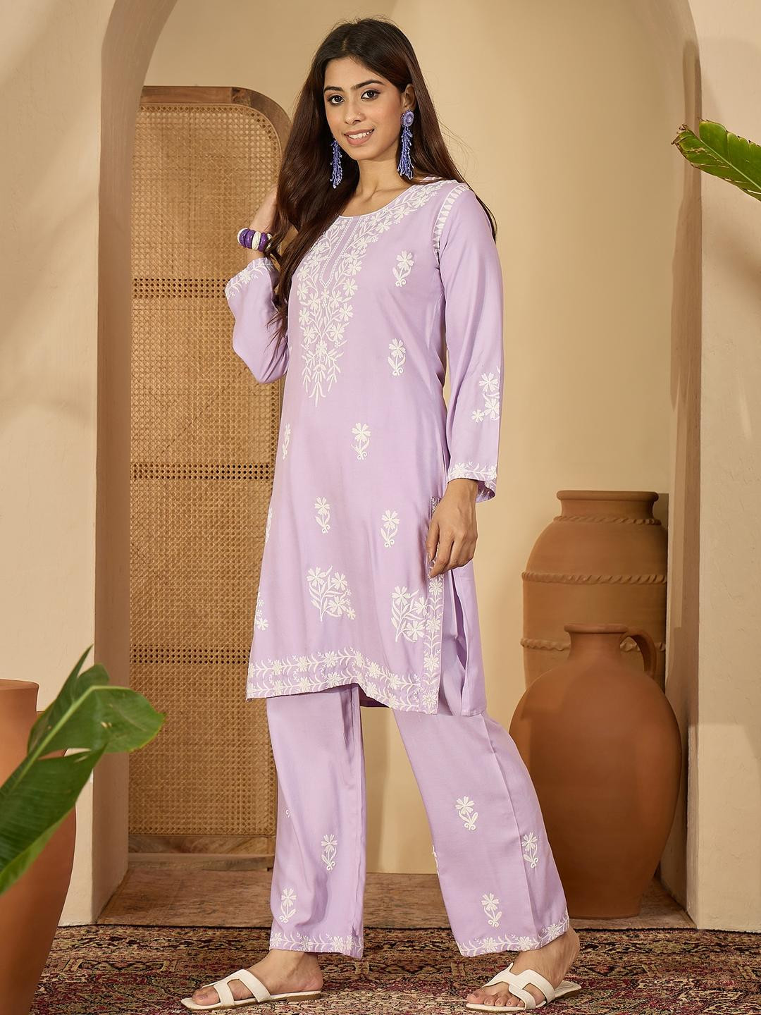 Sangria Women Light Purple Rayon White Embroidered Tunic with Embroidered Palazzo