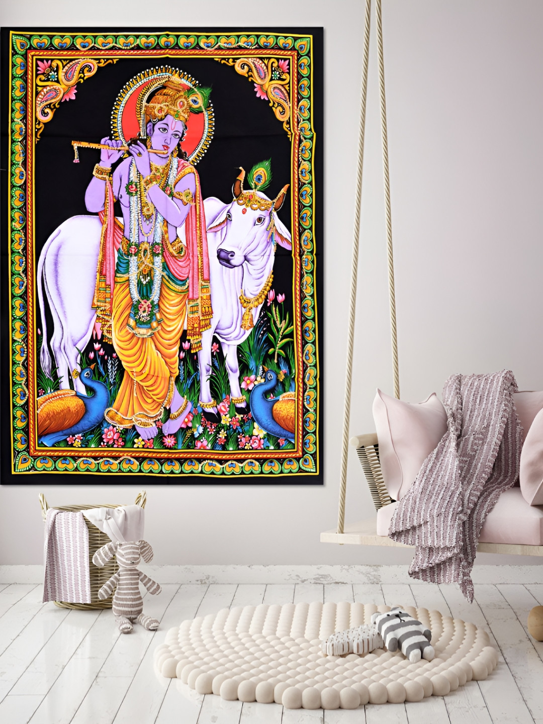 HANDICRAFT PALACE White & Yellow Lord Krishna Printed Pure Cotton Wall Hanging Tapestry