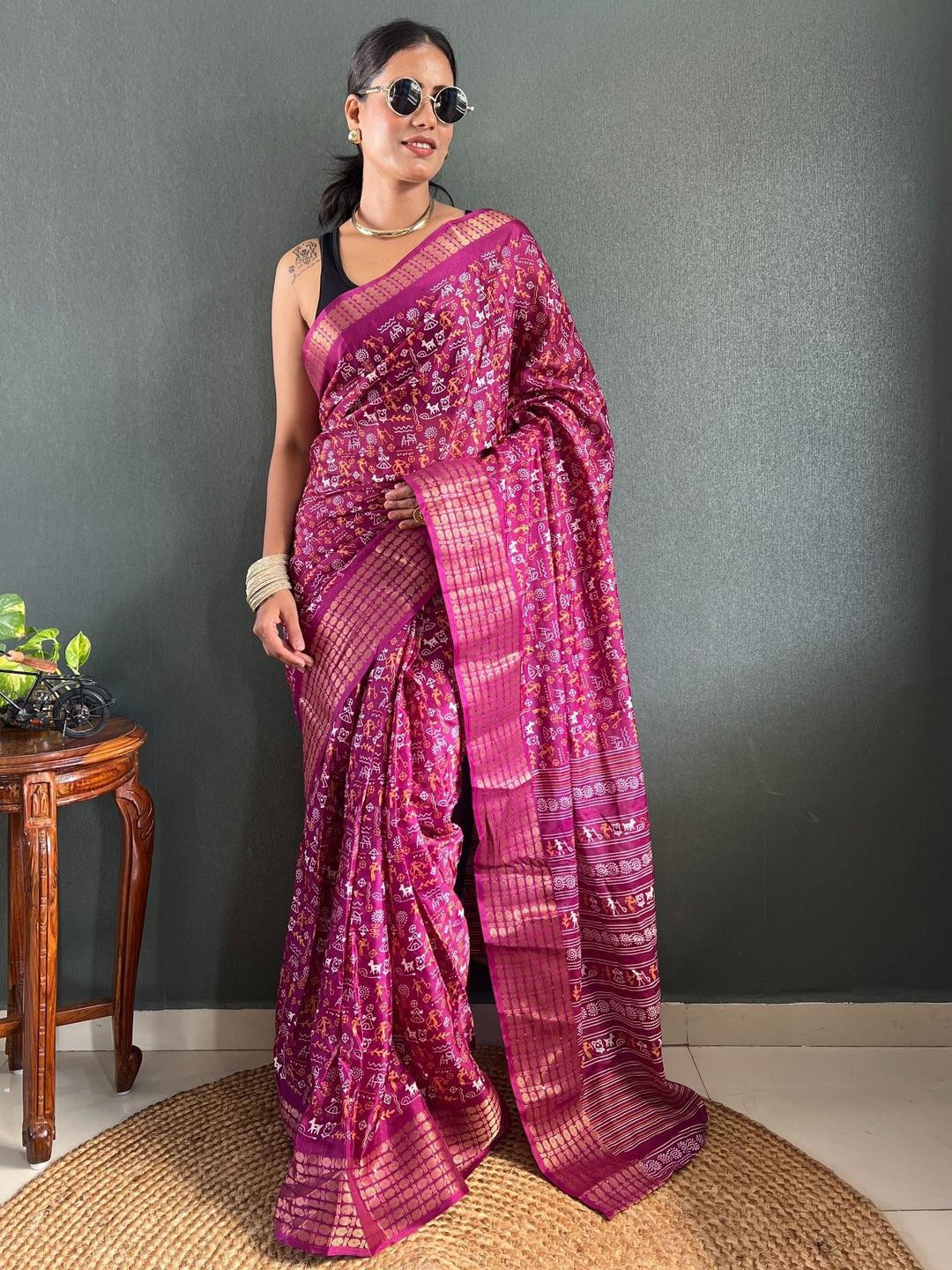 all about you Warli Printed Poly Chiffon Saree
