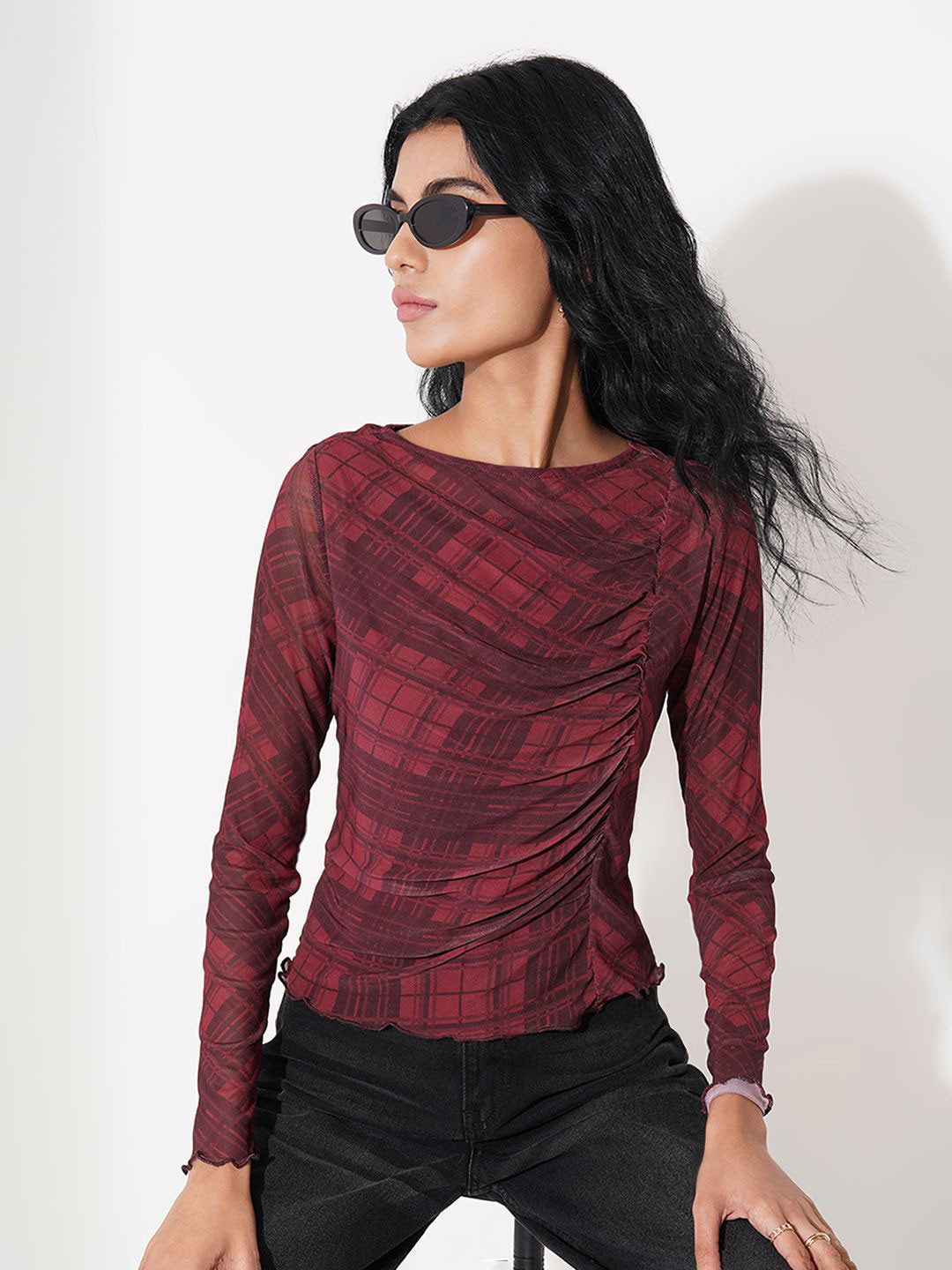 SF JEANS by Pantaloons Women Check Printed Bodycon Top