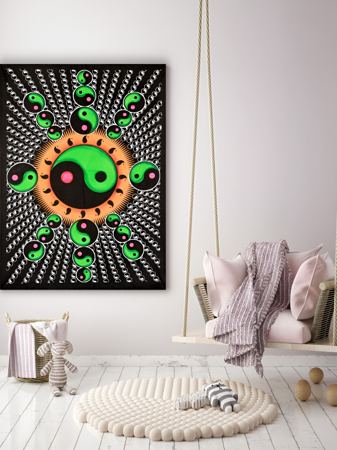 HANDICRAFT PALACE Green & Black Yin Yang Mandala Printed Pure Cotton Wall HangingTapestry