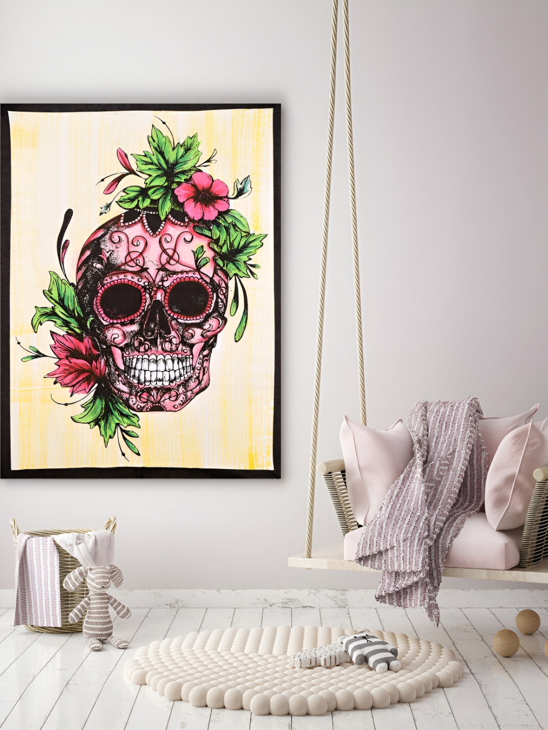 HANDICRAFT PALACE Unisex Pink & Green Skull Printed Pure Cotton Wall Hanging Tapestry