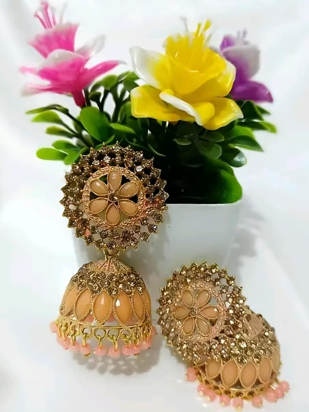 Grace Collections Gold-Plated Peach-Coloured Stone studded Jhumkas Earrings