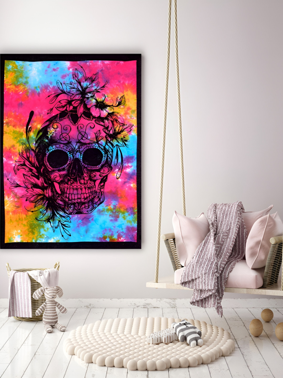 HANDICRAFT PALACE Pink & Blue Skull Printed Pure Cotton Wall HangingTapestry