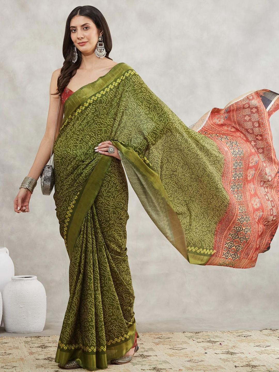 Janasya Women Mehndi Green Silk Bandhani Printed Saree with Blouse Piece