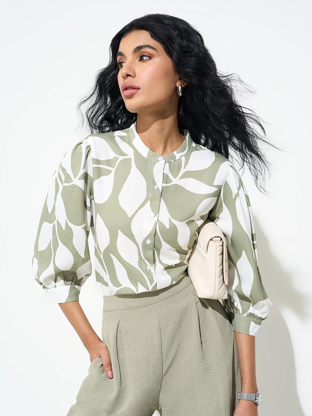 Annabelle by Pantaloons Women Sage Leaf Print Mandarin Collar Shirt Style Shirt