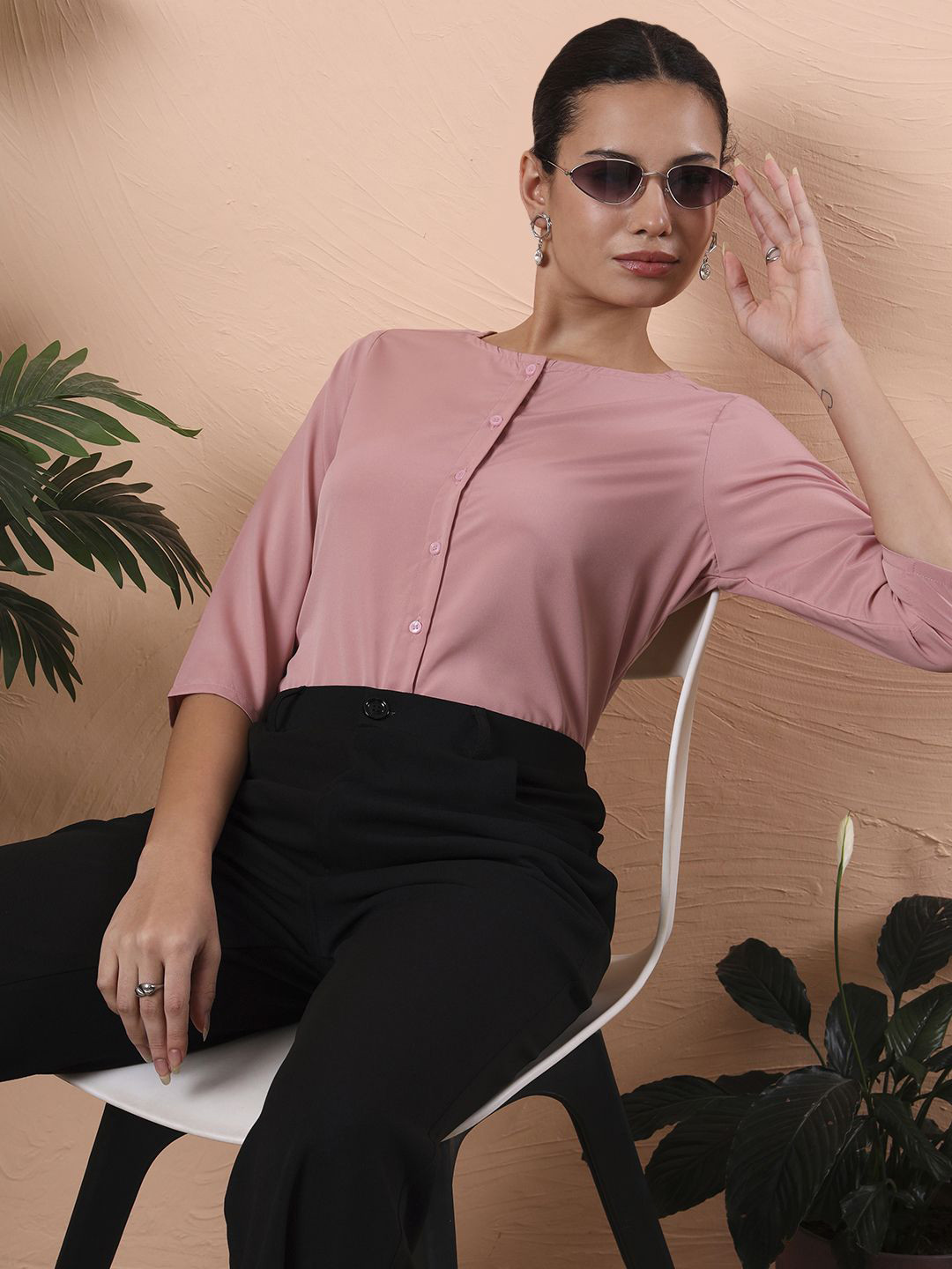 FITHUB Women Solid Collarless Formal Shirt