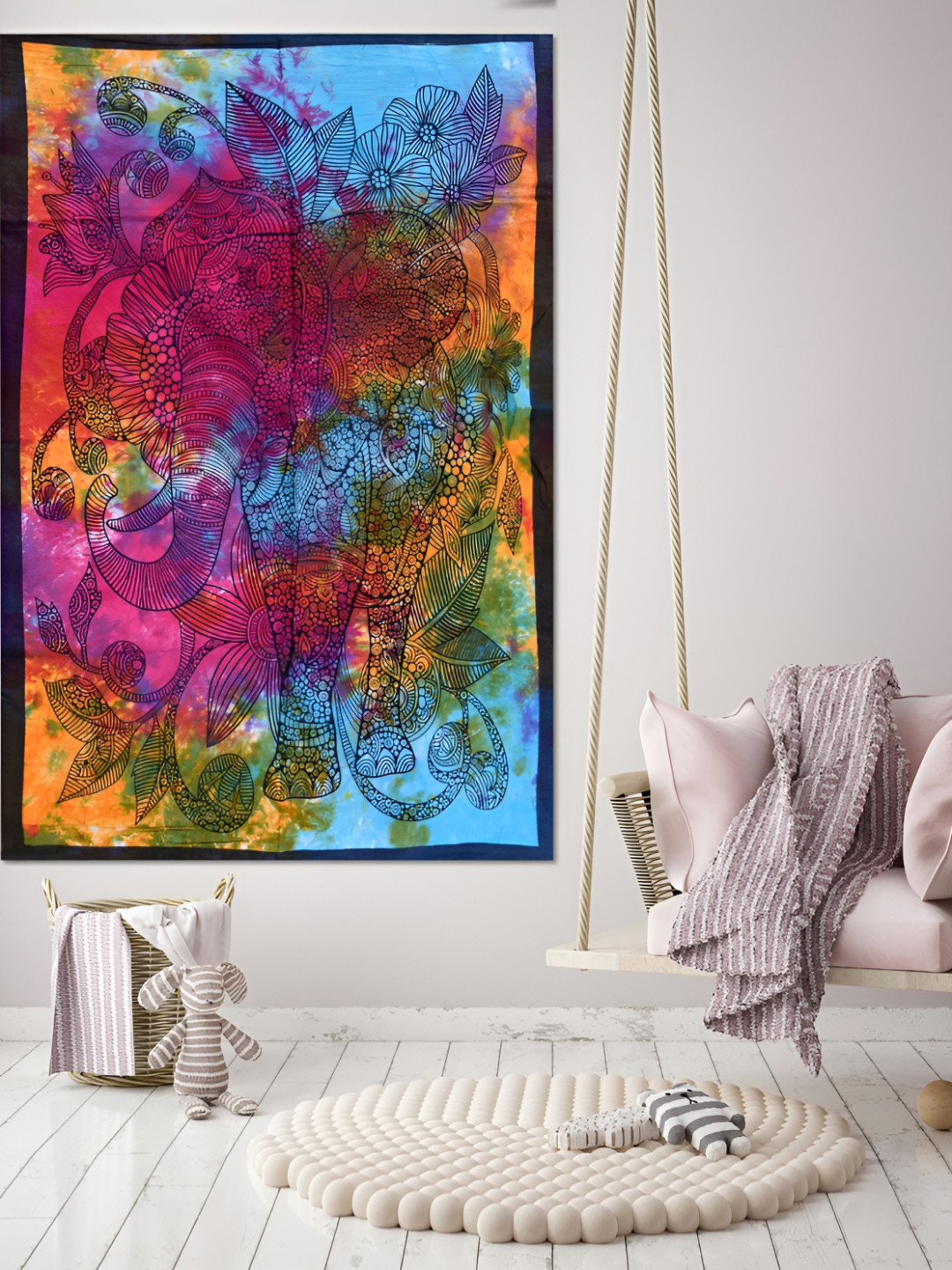 HANDICRAFT PALACE Blue & Purple  Elephant Floral Tie Dye Printed Wall Hanging Tapestry
