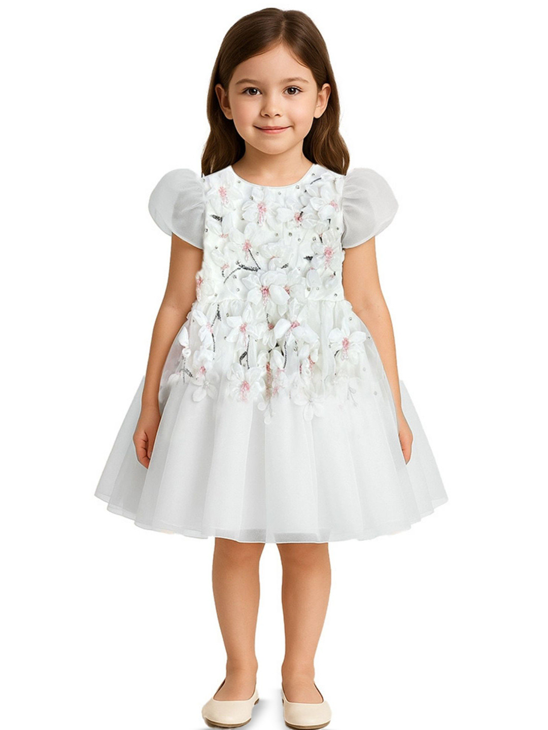 Alyaansh Couture Girls  Embellised Puff Sleeves A-Line Dress With 3D Flowers