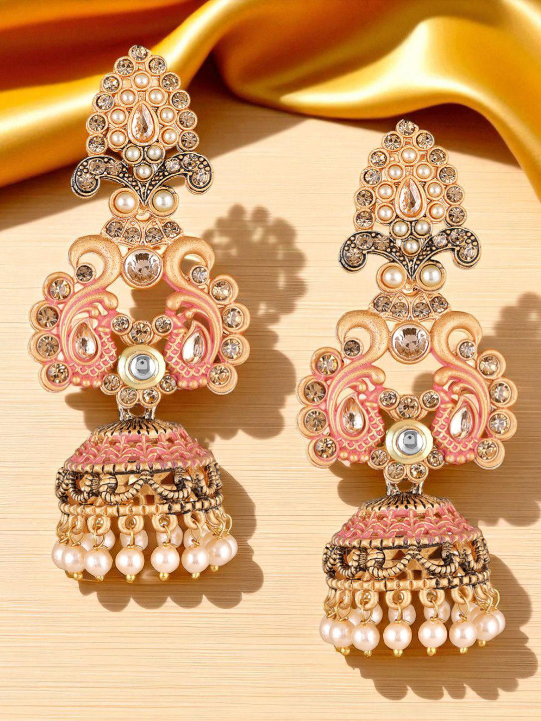 OOMPH Kundan Studded & Artificial Beaded Meenakari Dome Shaped Jhaumkas