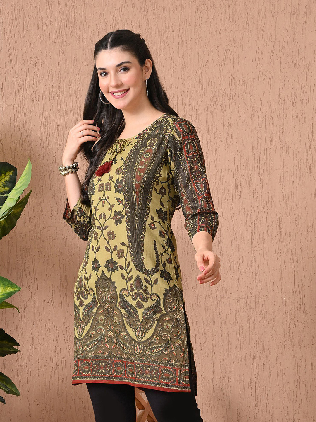 Anouk Rustic Floral Printed Tie Up Neck Pure Cotton Straight Kurta