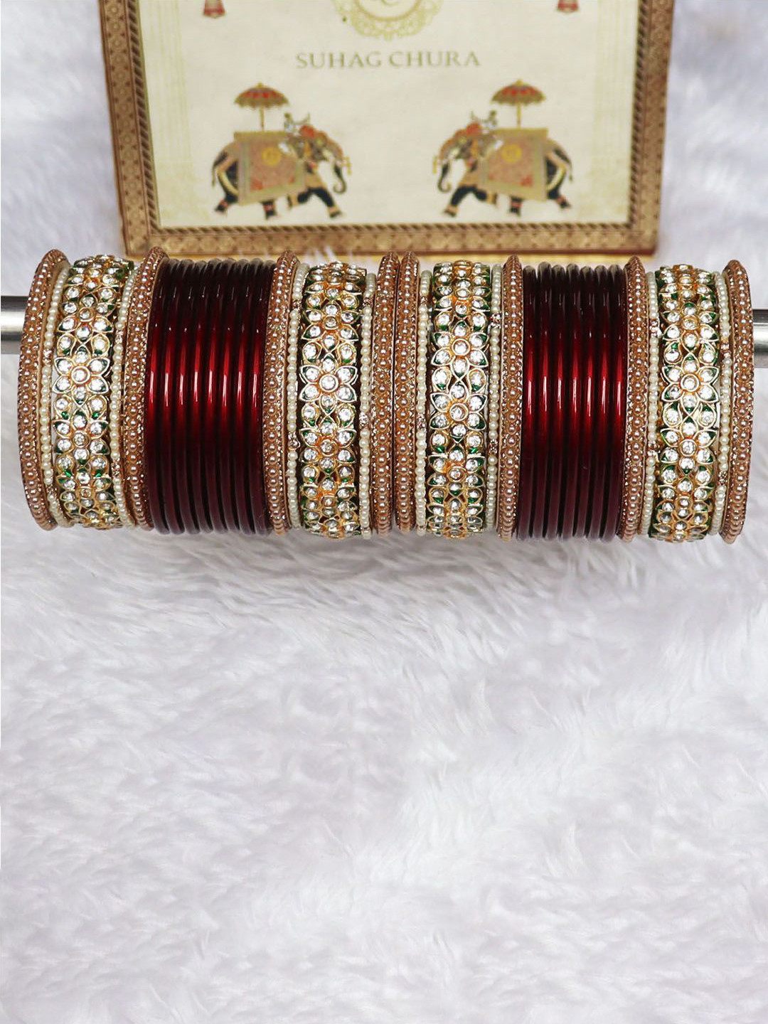 TAJ BRIDAL STORE Set Of 36 Kundan Stone-Studded & Pearl Beaded Bangles