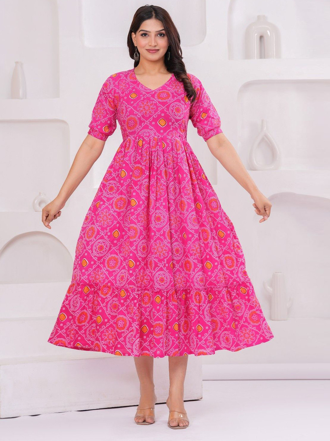 UrbanRang Women Ethnic Motifs Print Puff Sleeve Maternity Maxi Dress