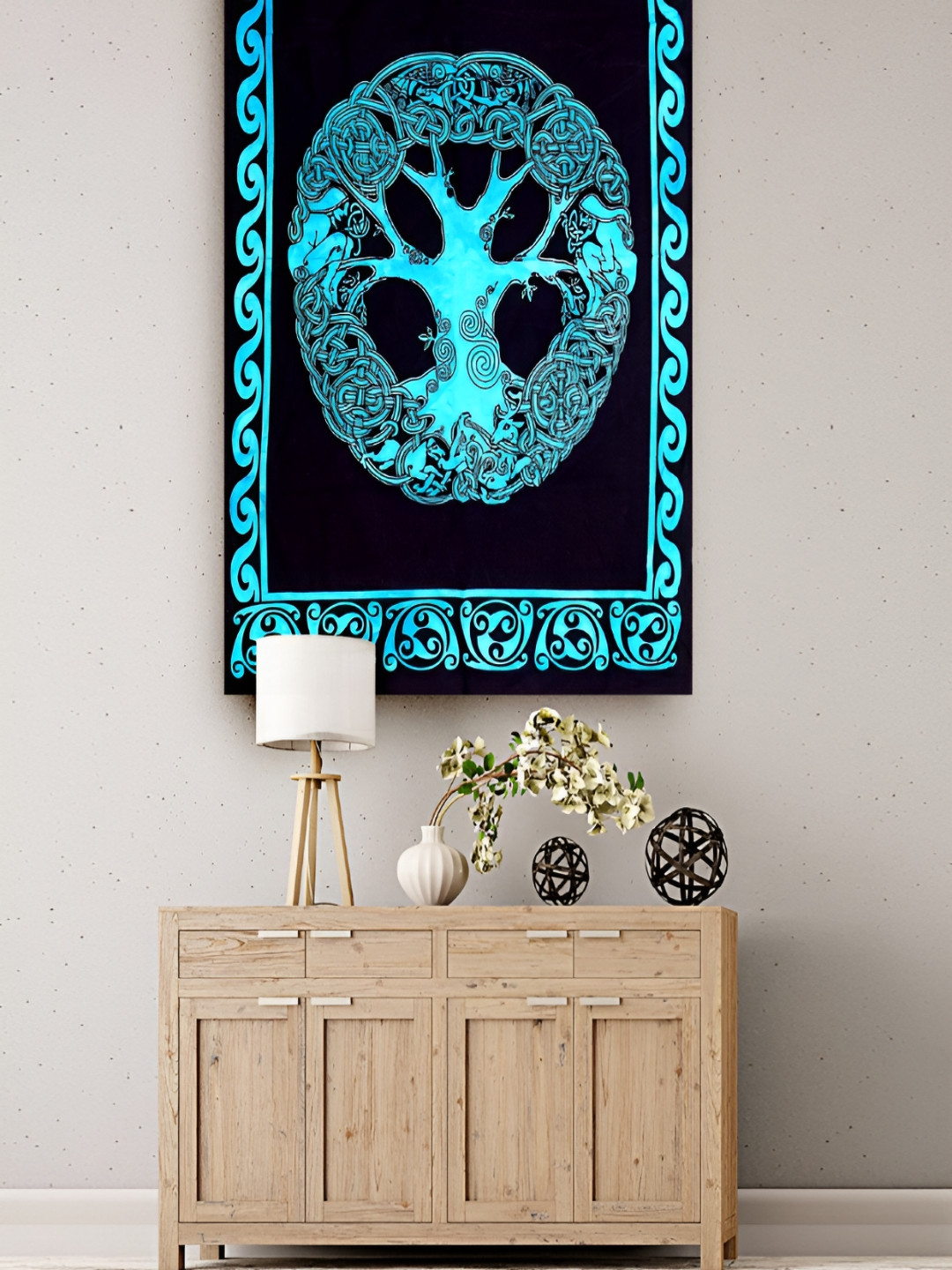 HANDICRAFT PALACE Blue & Black Celtic Tree Printed Pure Cotton Wall Hanging Tapestry