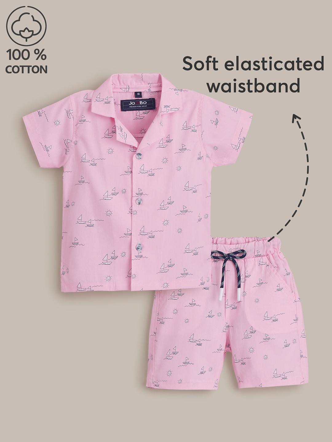 Hopscotch Boys 2 Pc Pink Sailboat Dreams Printed Shirt Collar Cotton Night suits