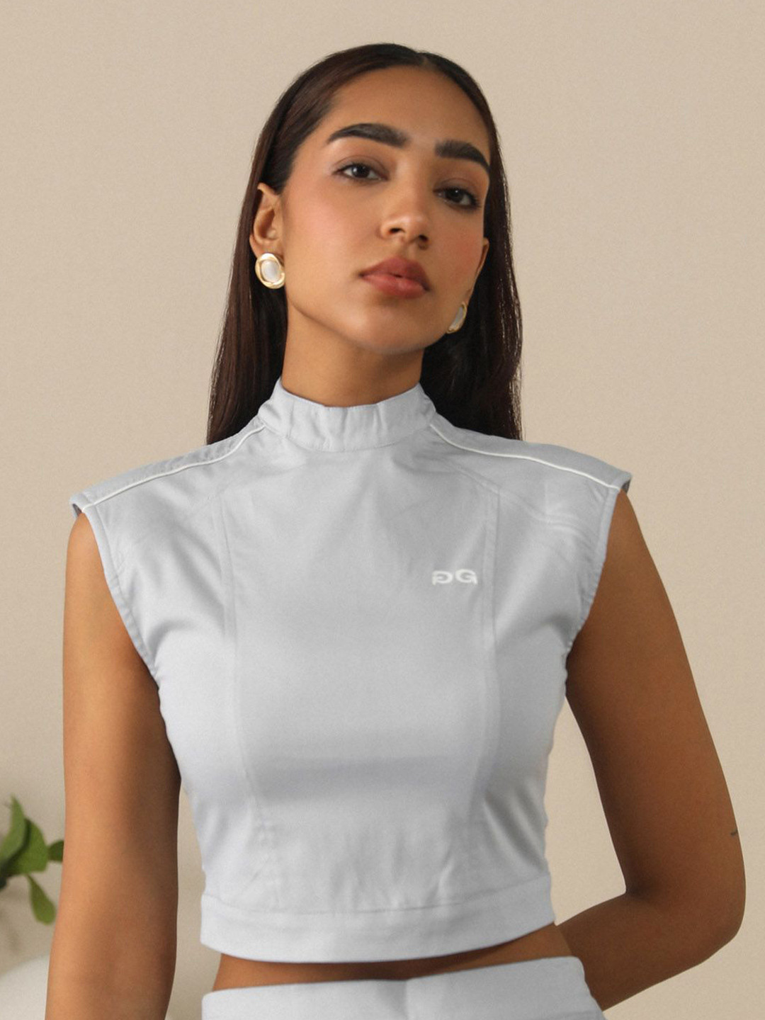 PRIMAL GRAY Women Origami Hight Neck Fitted Crop Top With Back Zip Closure