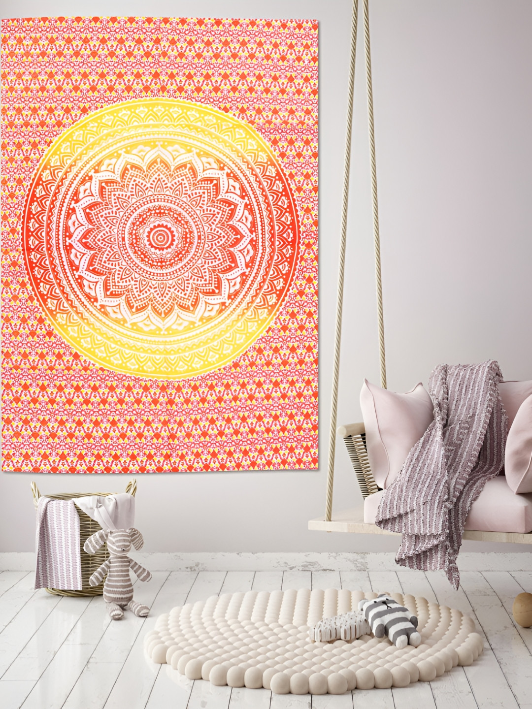 HANDICRAFT PALACE Red & Yellwo Mandala Printed Pure Cotton Wall HangingTapestry