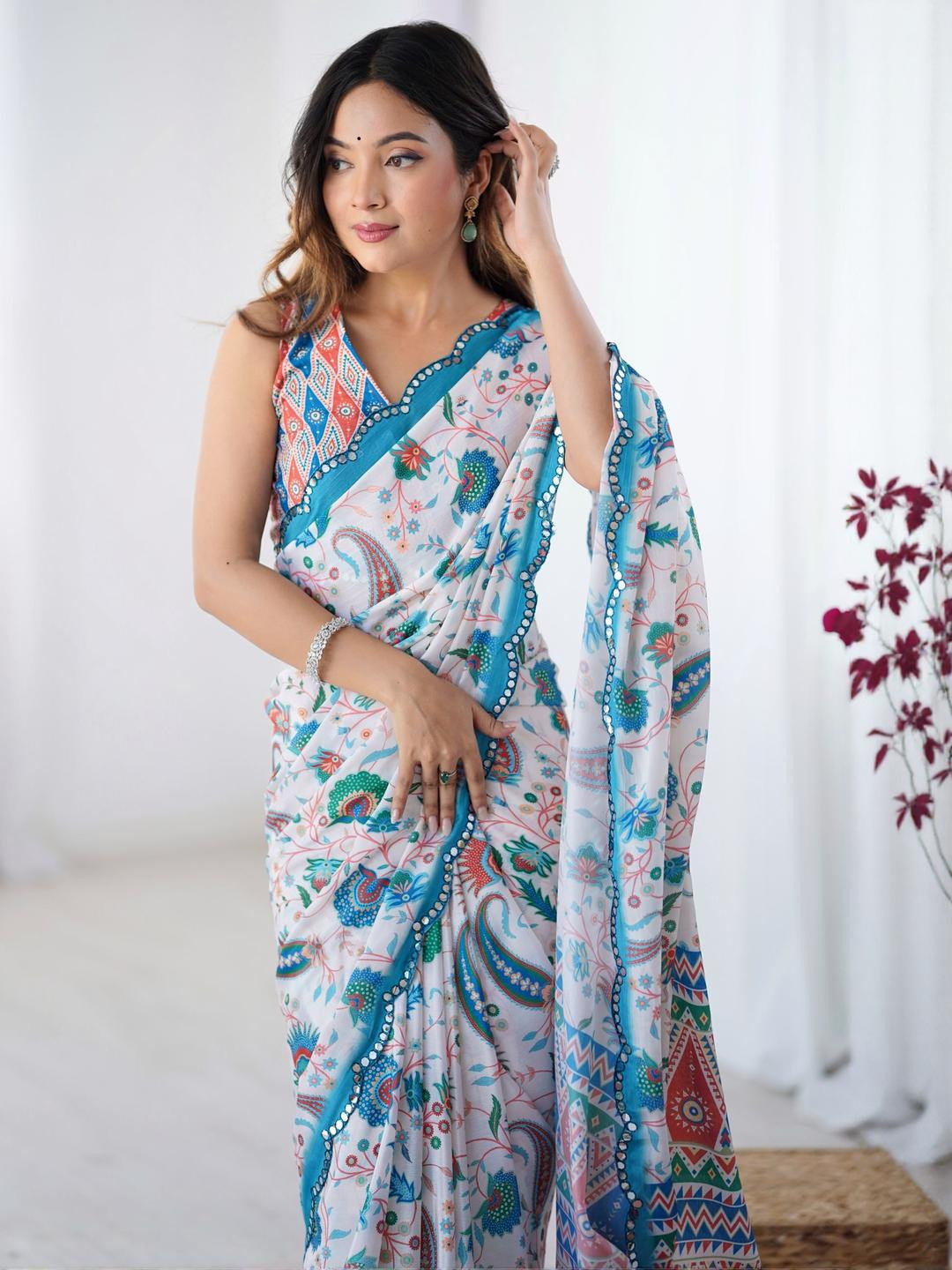 Mitera Paisley Mirror Work Pure Chiffon Saree