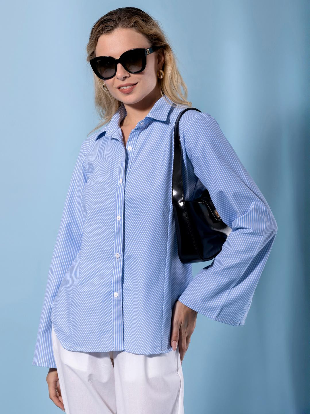 CORSICA Women Blue Stripe Printed Casual Shirt