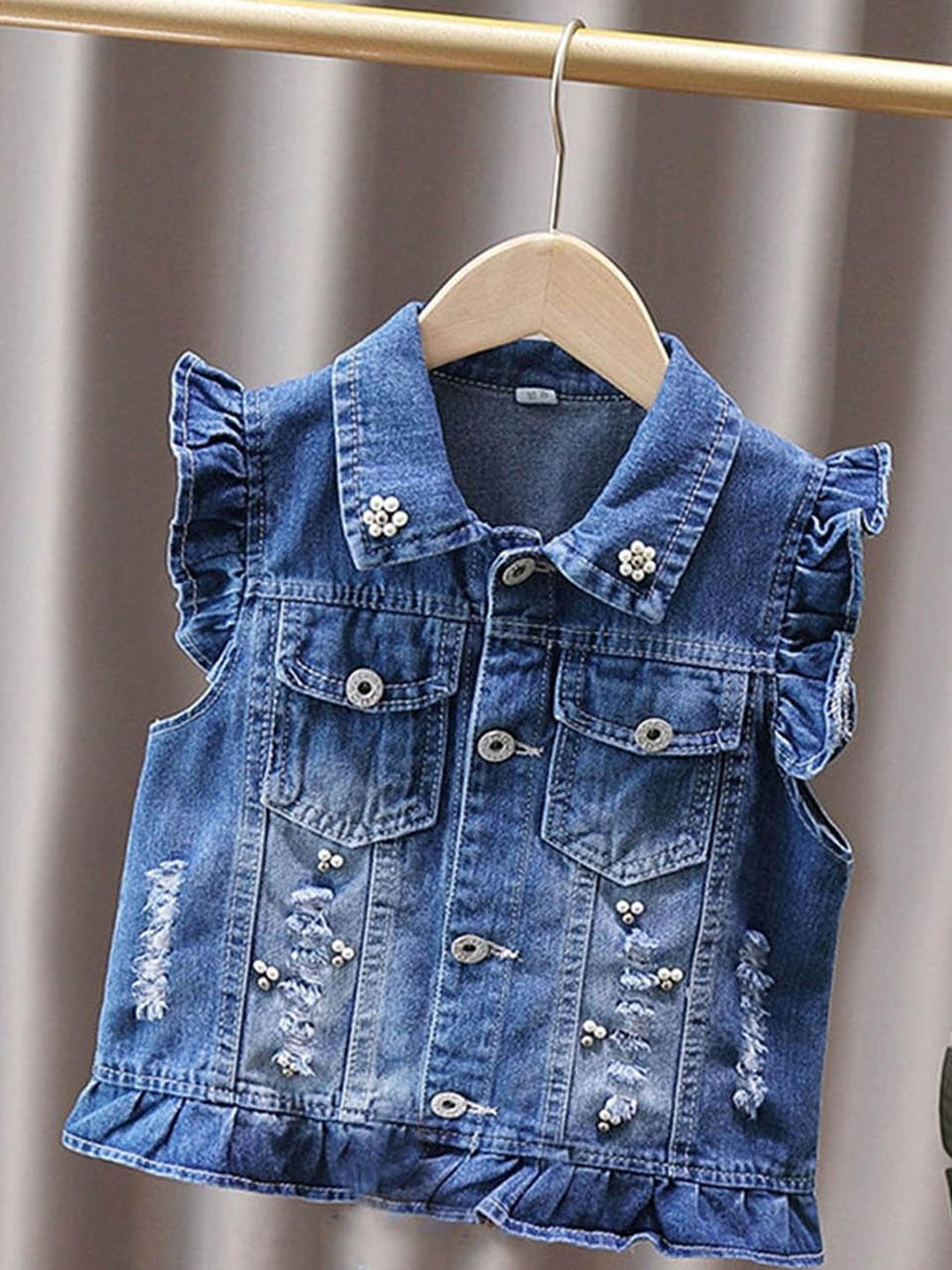 Hopscotch Girls Blue Floral Applique Distressed Denim Jacket