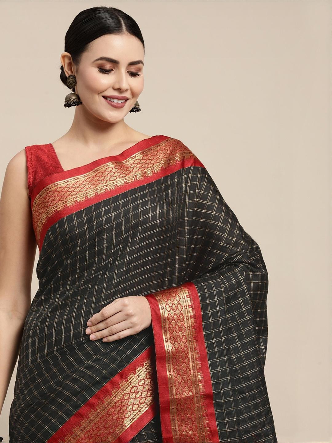 KALINI Black Silk Cotton Checked Sarees