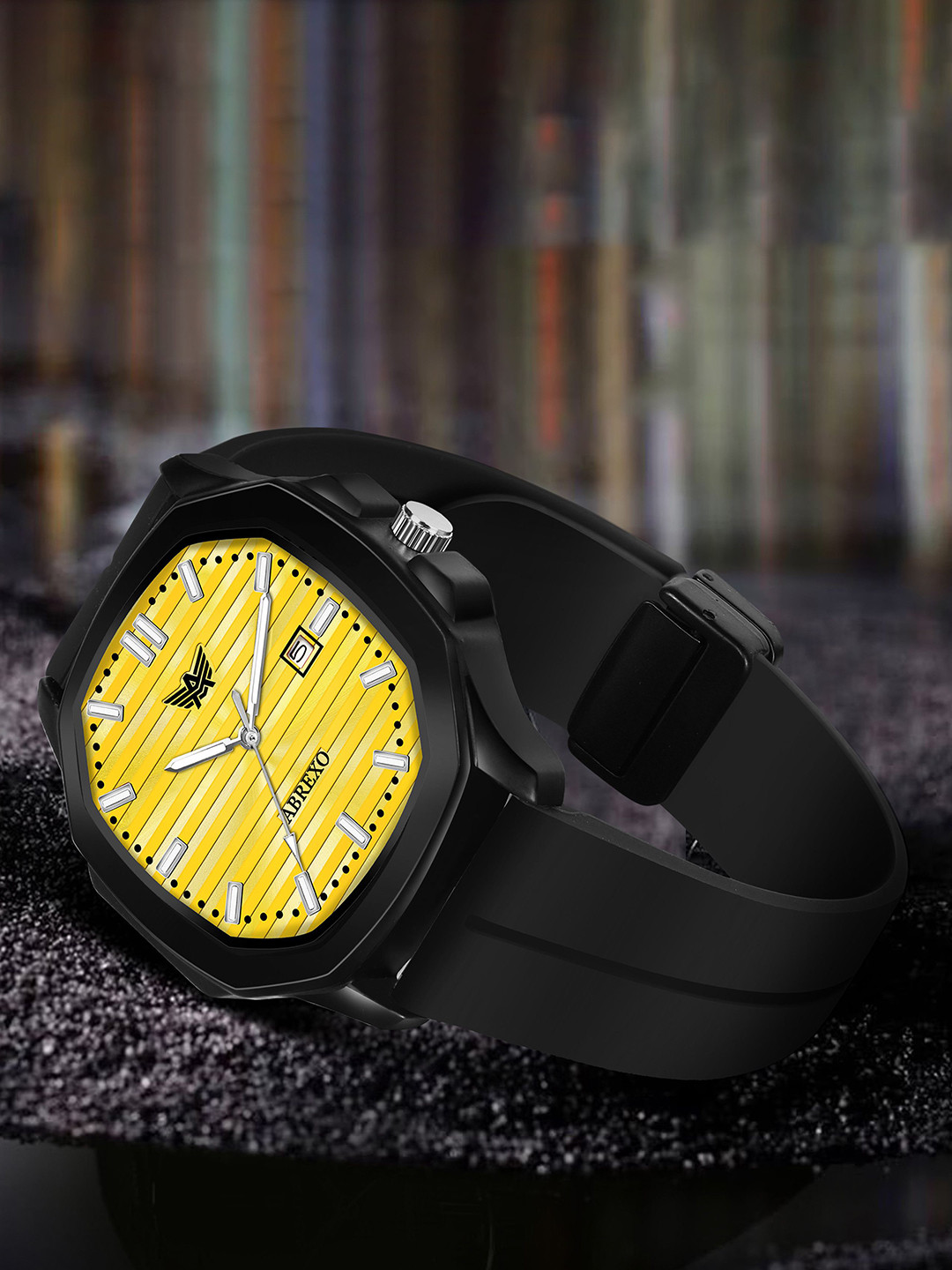 Abrexo Men Patterned Dial & Straps Analogue Watch Abx6700-Yellow Dial Black Magnet Strap