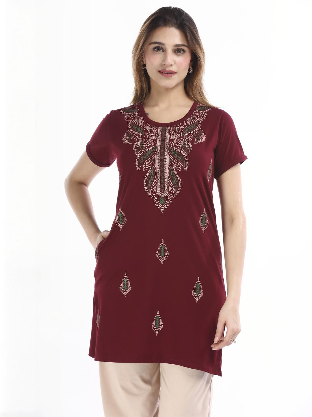 E-MAX Women Printed Kurti & Pyjamas Night suit