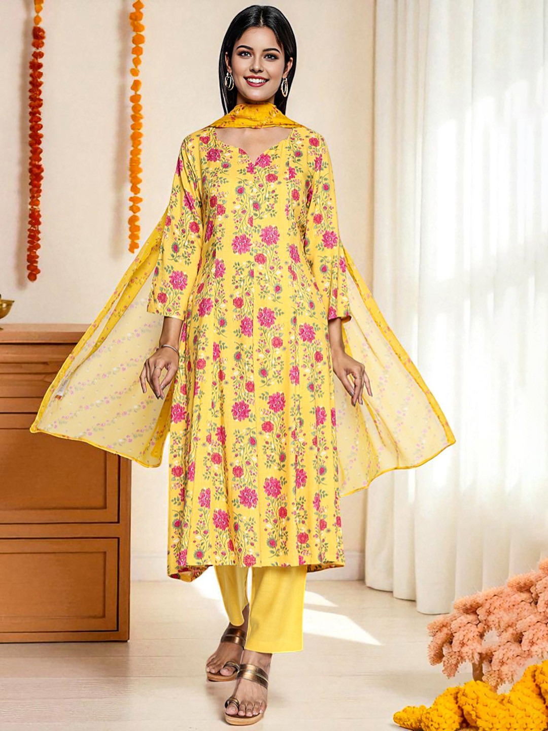 W Women Floral Printed Regular Kurta with Trousers & Dupatta