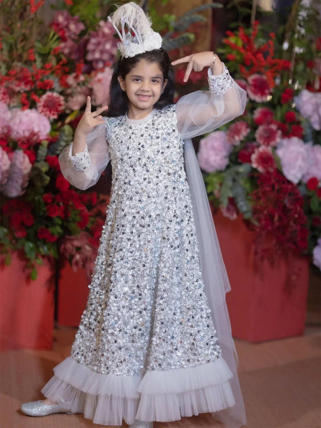 Alyaansh Couture Girls Self Design Net Long Dress