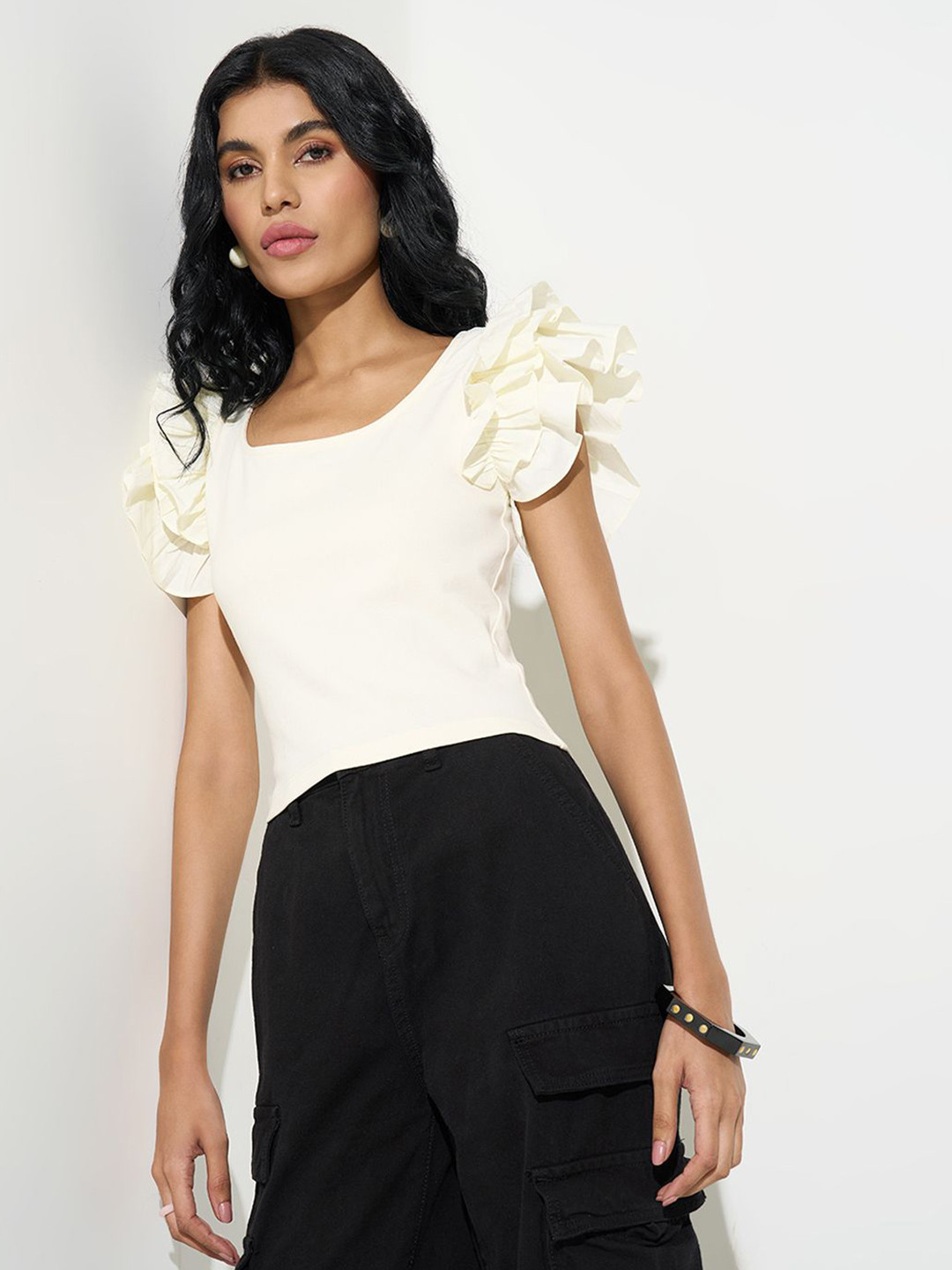 People Women Solid Ruffle Flutter Sleeves Crop Top
