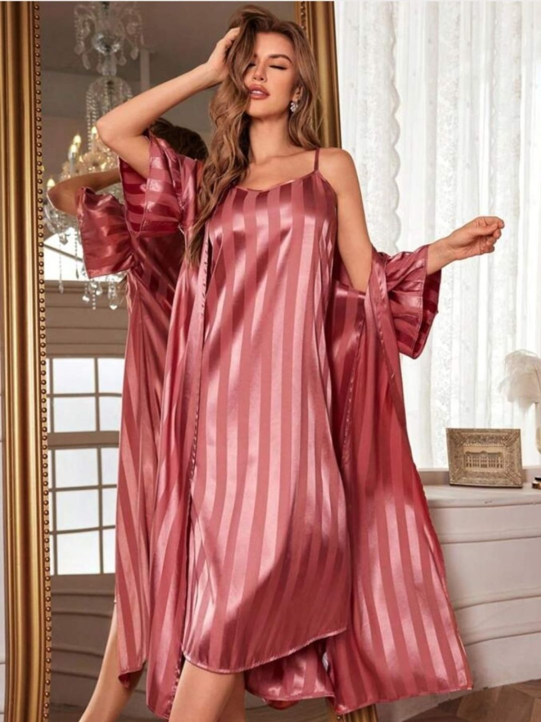 UDHATIKRAMAN Women Satin Striped Nightdress with Matching Robe