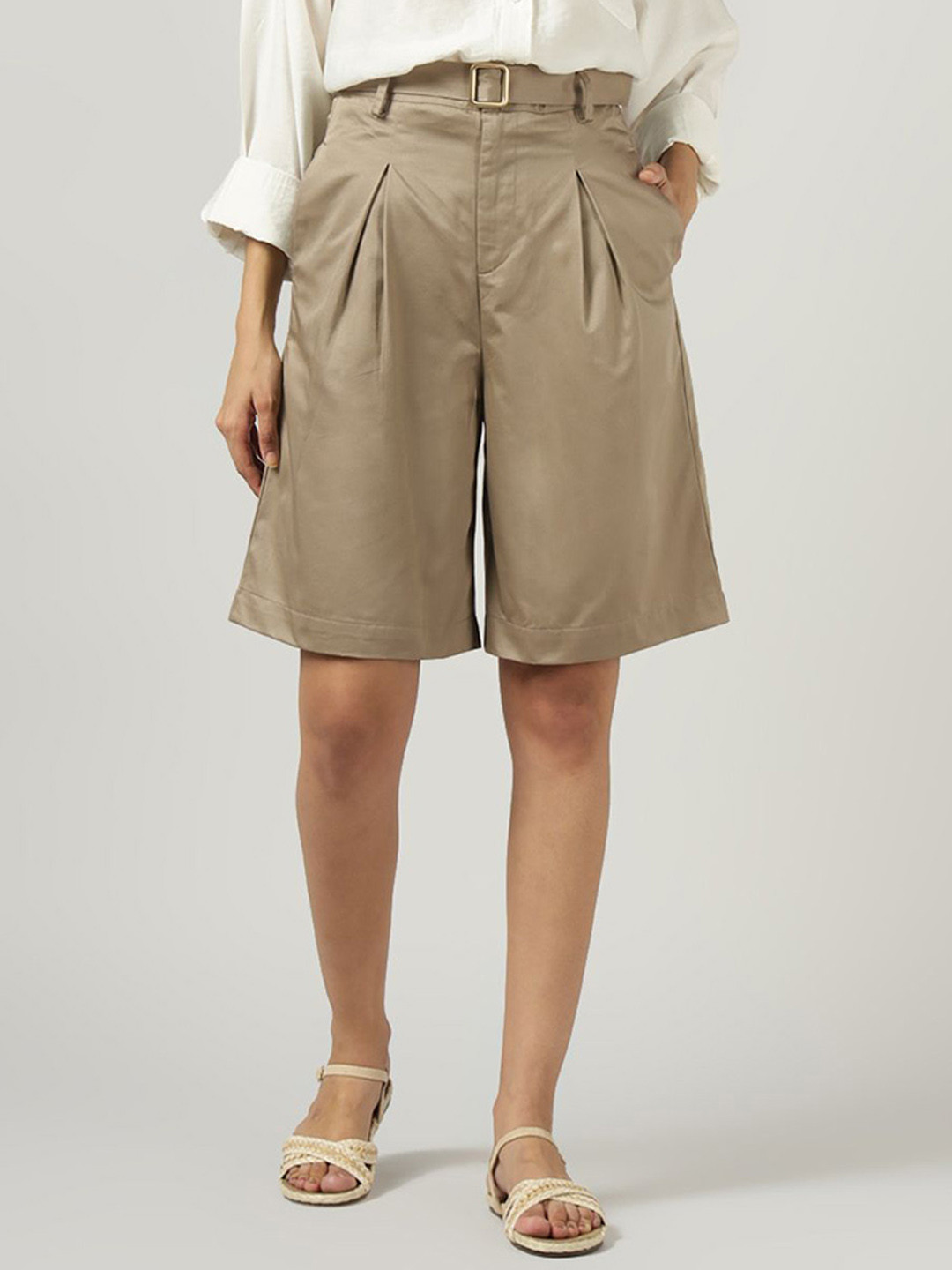 Sands of India Women Regular Fit High-Rise Cotton Chino Shorts With Belt