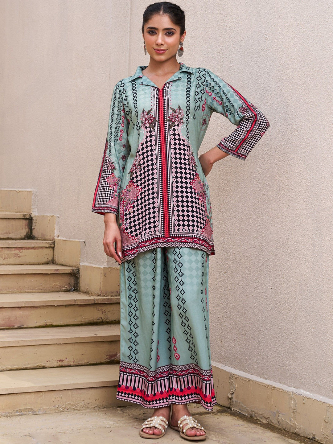 AUTUMN LANE Kabool Shamrock Printed Shirt Collar Tunic With Palazzo Co-Ords