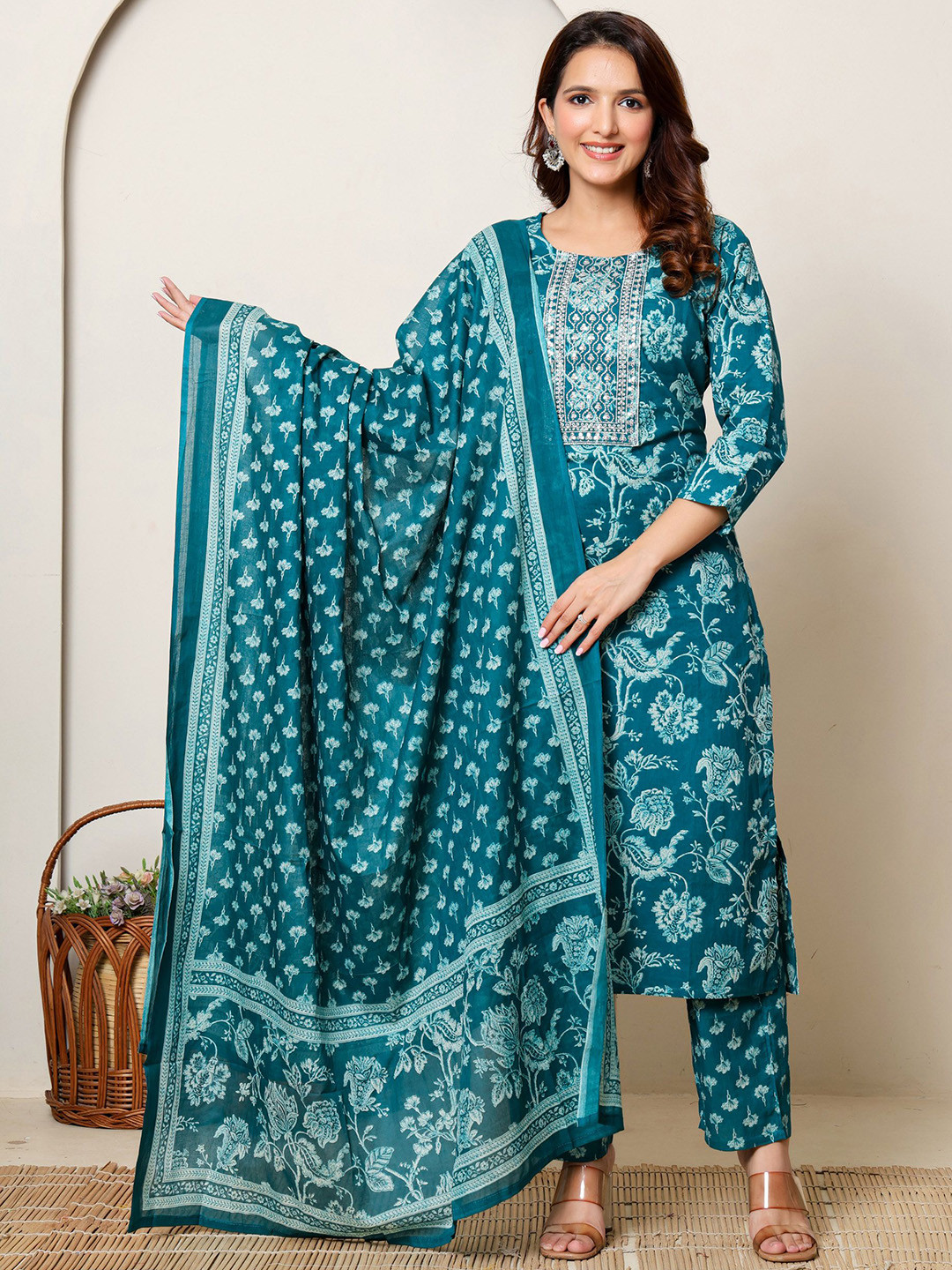 RangRaazi Floral Printed Sequinned Pure Cotton Kurta With Trousers & Dupatta