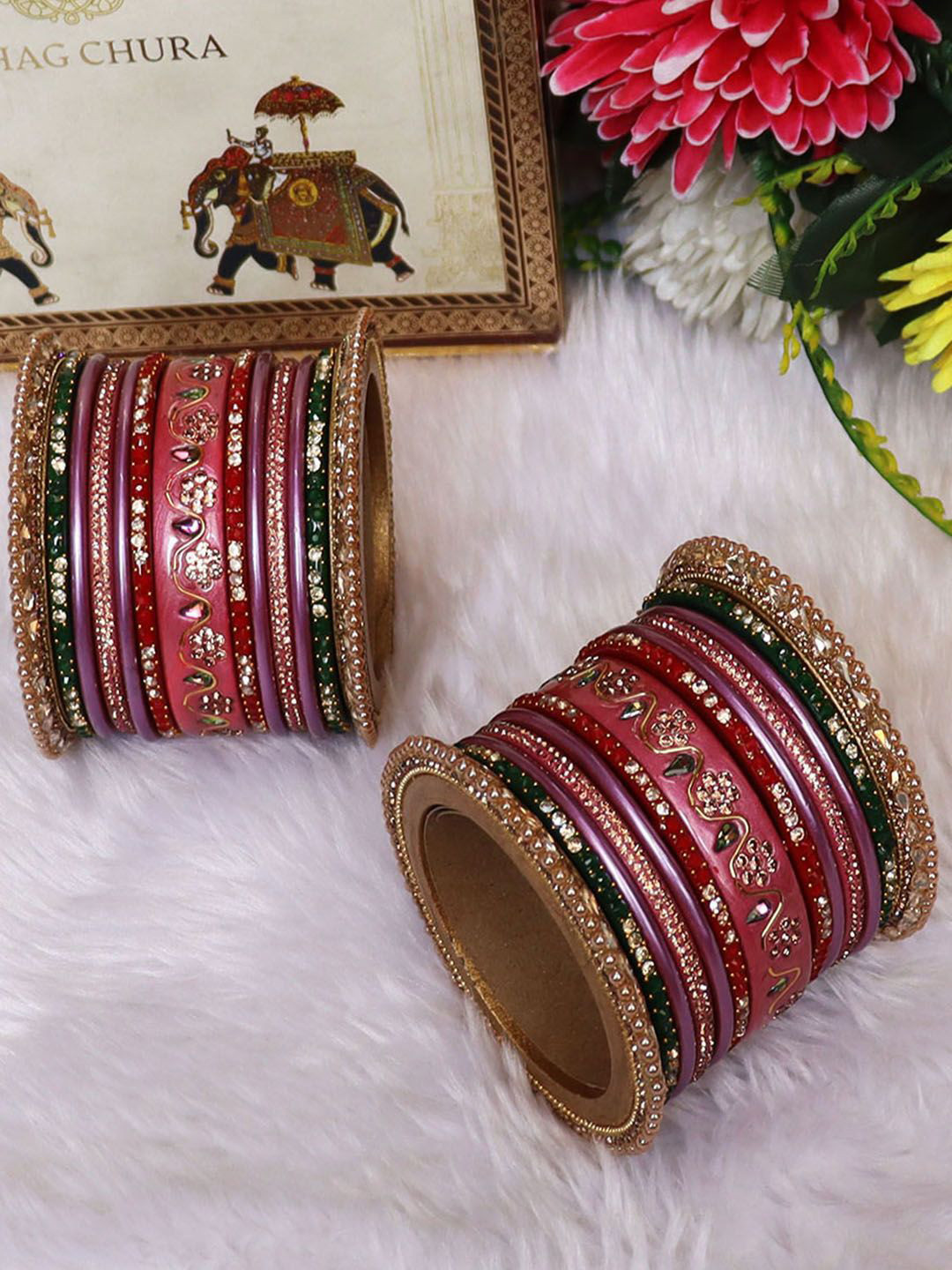 TAJ BRIDAL STORE Set Of 26 Kundan Studded Pure Lac Bridal Bangles