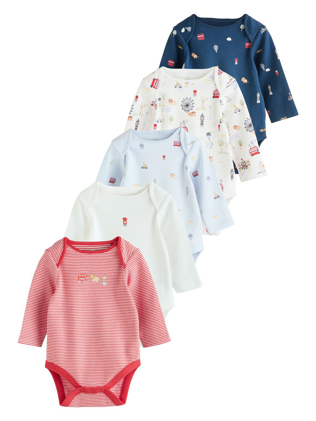 NEXT Infants Pack of 5 Long Sleeve Printed Pure Cotton Baby Bodysuits