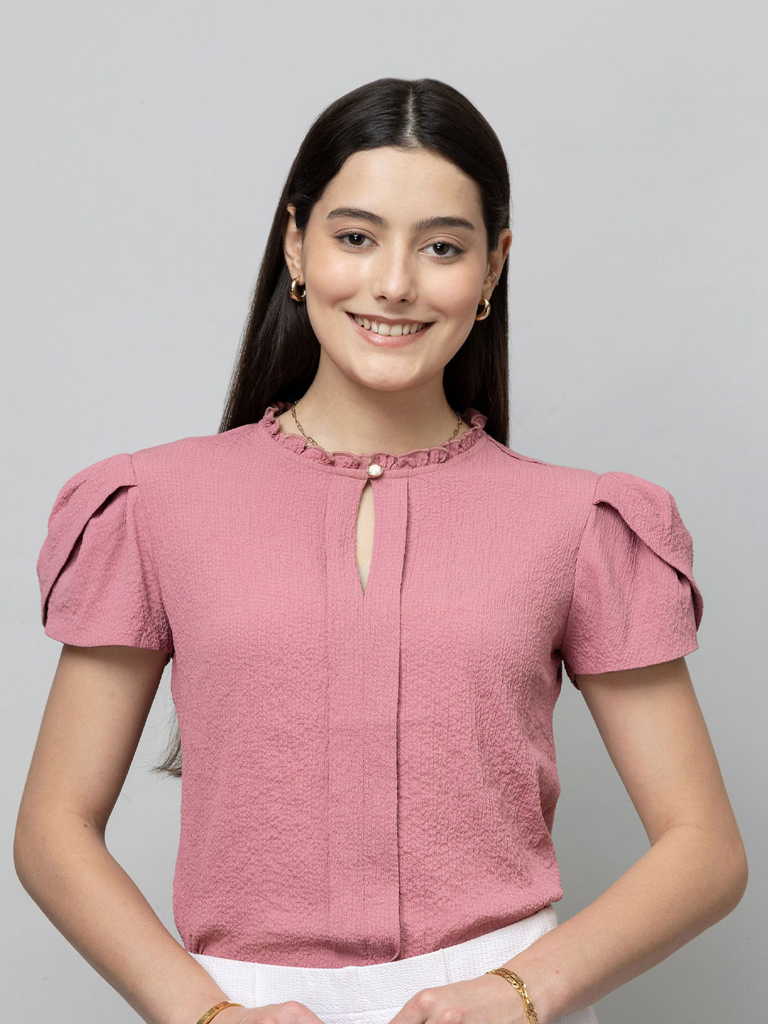 PURYS WORKSPACE Women Keyhole Neck Puff Sleeves Top