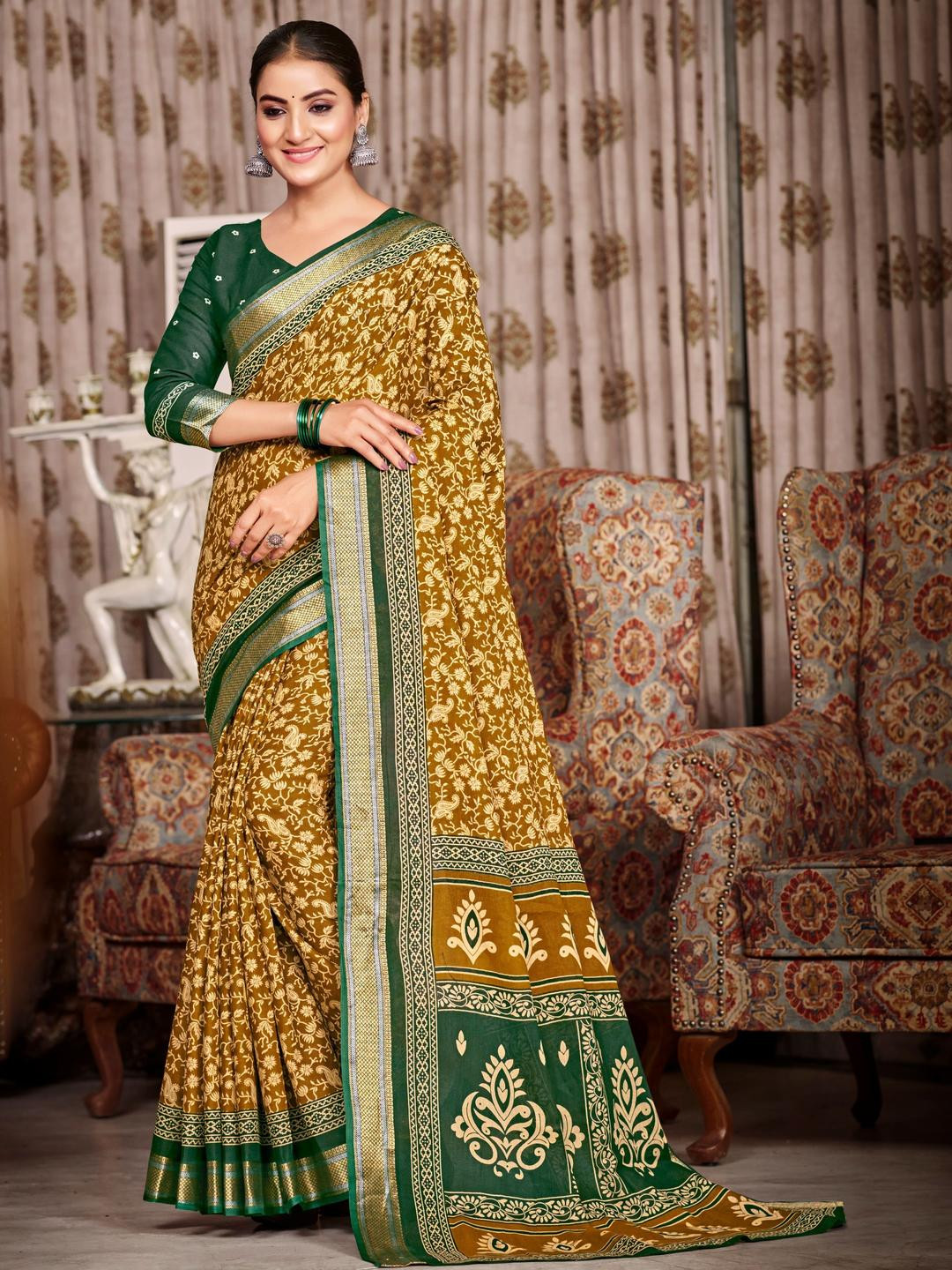 Munir Floral Zari Pure Cotton Bagru Saree