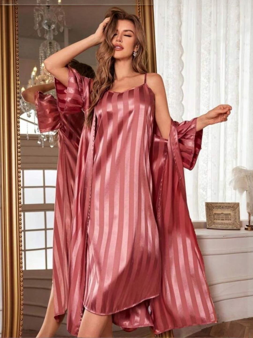 For You For Me Women's Maroon Satin Striped Nightdress With Matching Robe