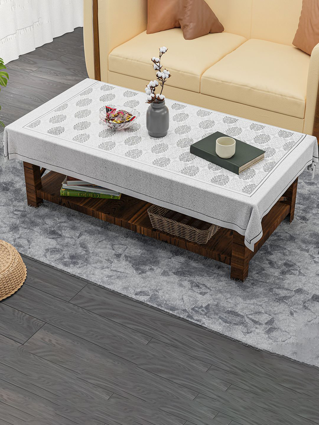 Kuber Industries Black & Grey Check Flower Anti-Skid Cotton 4-Seater Table Cover