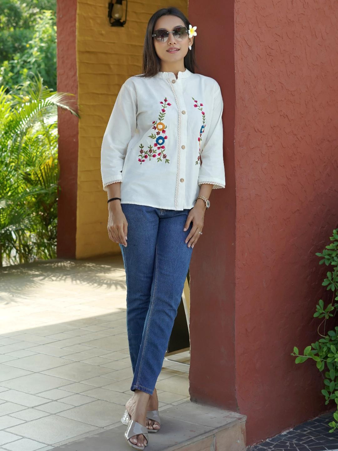 CORSICA Women Off White Khadi Casual Shirts