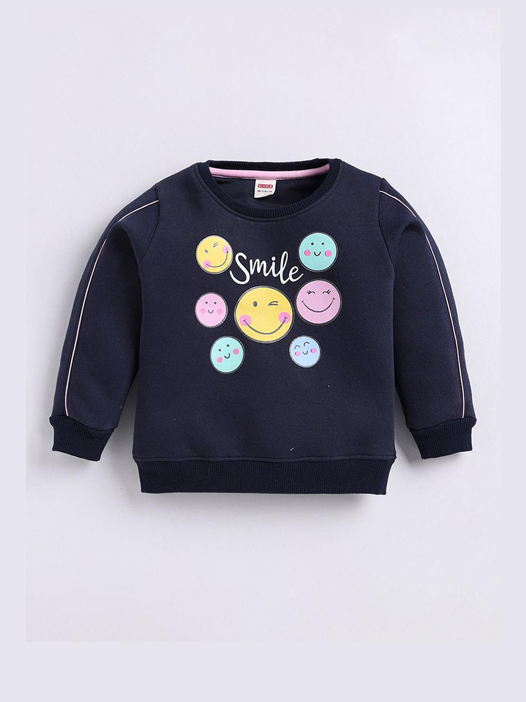 Hopscotch Girls Navy Blue Cotton Smiley Emoji Printed Sweatshirt