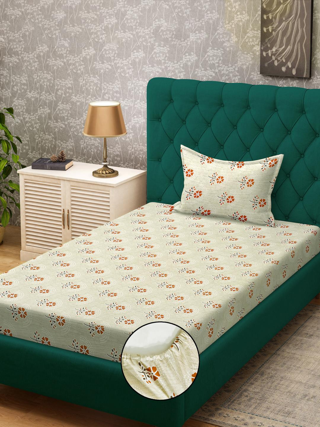 KLOTTHE Yellow Floral Cotton Single Bedsheets