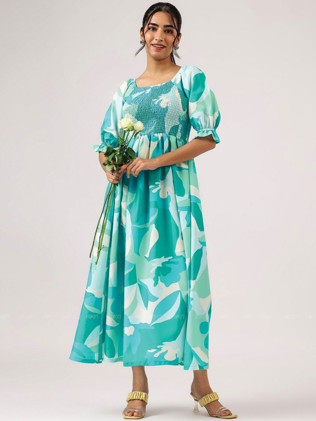 HAY Abstract Printed Puff Sleeves Smocked Fit & Flare Midi Dress