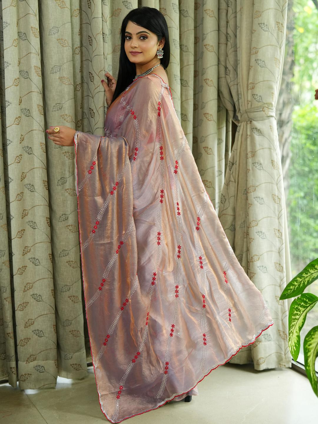 Anouk Teal Tissue Embroidered Sarees