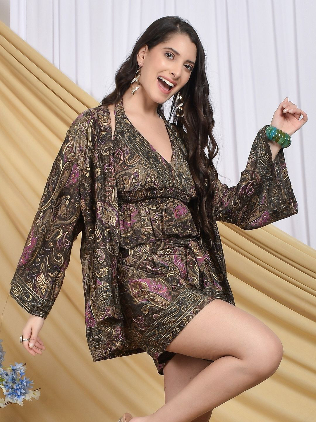 Boholyfe Talia Gilded Orchid Printed Halter Neck Top & Shorts With Shrug Co-Ords