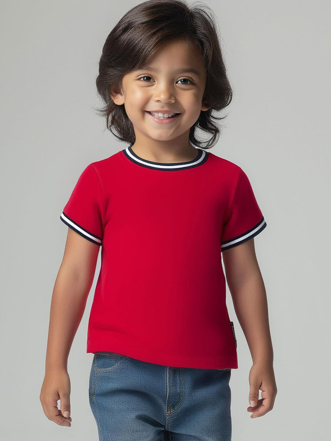 Hopscotch Boys Red Solid Cotton Contrast Ribbed Trim T-shirt