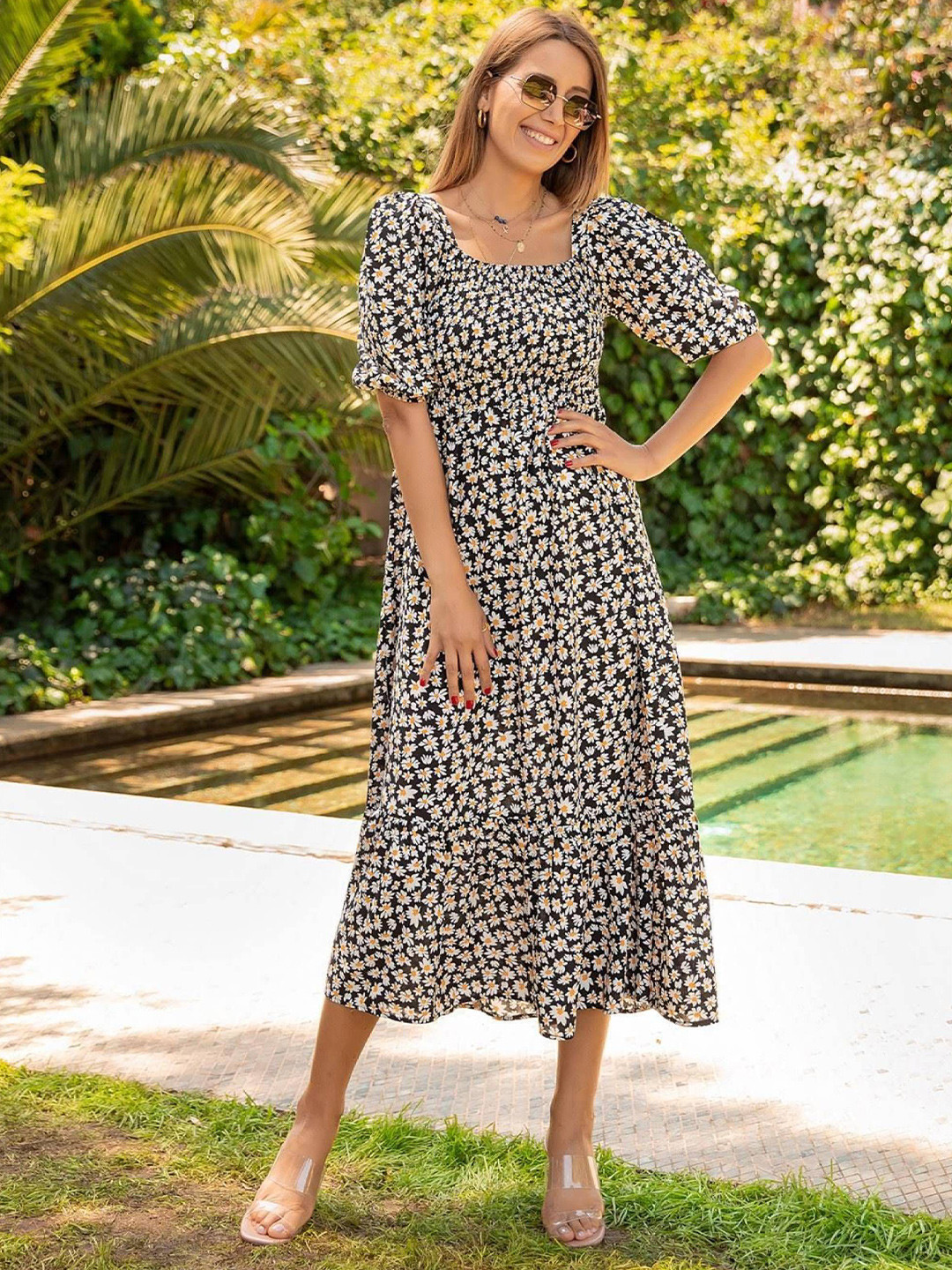 Pinly Women Floral Printed Puff Sleeves Square Neck Smocked Detail Fit & Flare Midi Dress