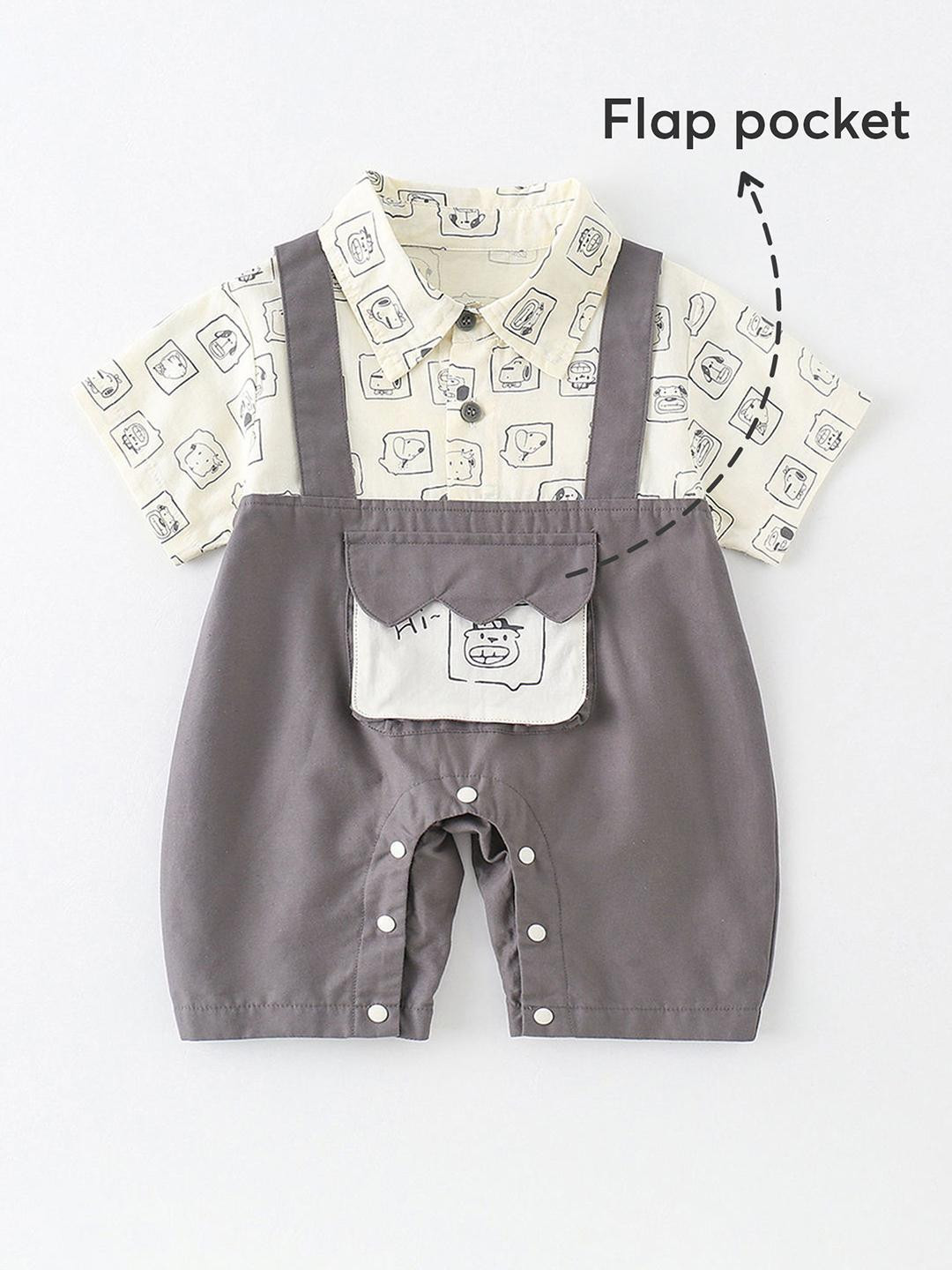 Hopscotch Boys Grey Cotton Casual Puppy Portrait Romper