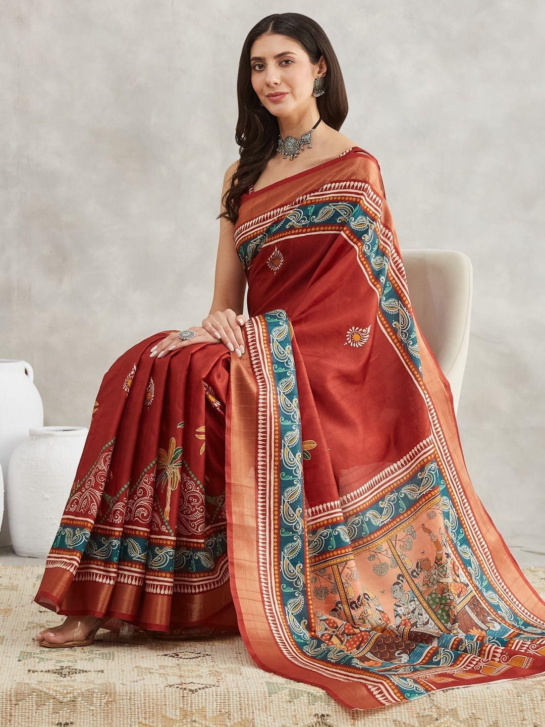 Janasya Women Rust Silk Paisley Printed Saree with Blouse Piece